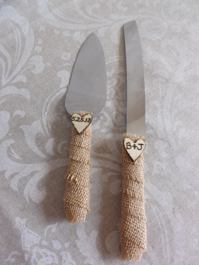 Burlap Rustic Wedding Cake Knife Set- Personalized Engraved Initials ...