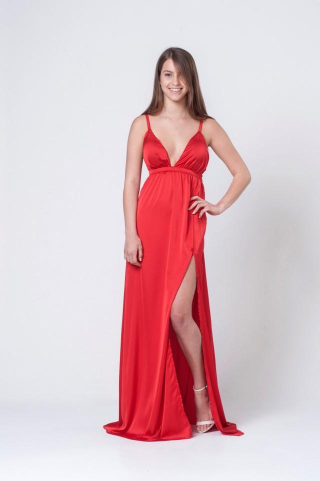 Red Satin Bridesmaid Dress - Open Back Maxi Dress - Deep Front Opening ...