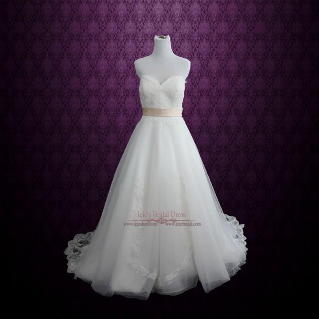 Strapless Chantilly Lace Tulle A-line Wedding Dress #2667954 - Weddbook