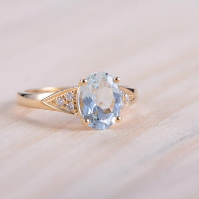 Oval Shape Aquamarine Engagement Ring,14k Yellow Gold Ring,Diamond ...