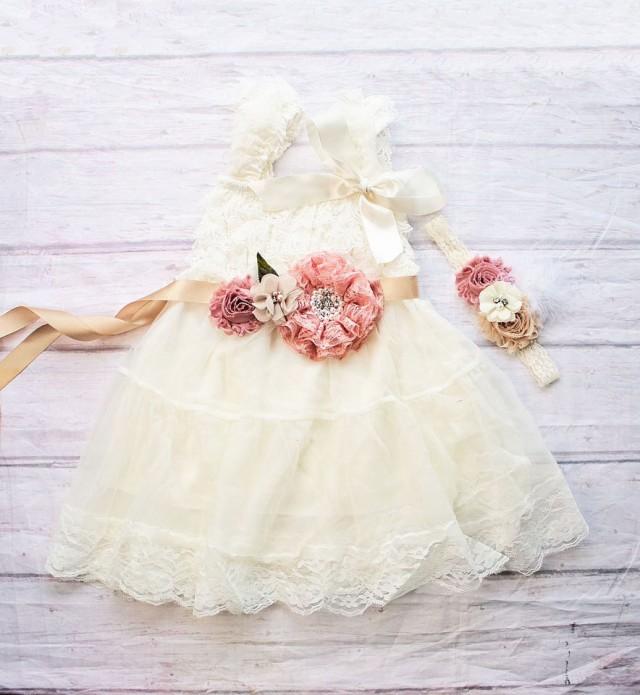 Rustic Flower Girl Dress, Ivory Flower Girl Dress, Rustic Flower Girl ...