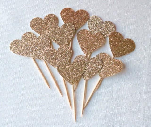 DOUBLE SIDED Rose Gold Glitter Heart Cupcake Toppers, Rustic Wedding ...