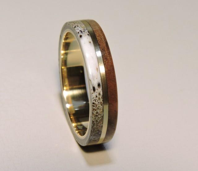 Deer Antler Ring, Wood Ring, Walnut Wood,Bronze Ring, Bronze Pinstripe ...