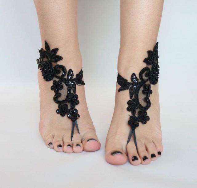 Black Lace Sandals For Wedding, Foot Jewelry Bridal Sandals, Wedding ...
