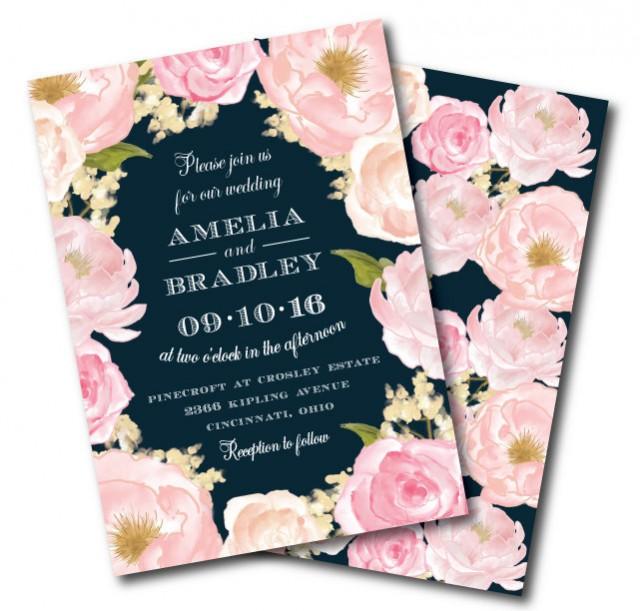 Navy Wedding Invitation, Floral Wedding Invitation, Navy And Pink ...