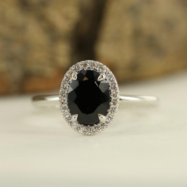 Black Oval Gemstone Engagement Ring In White Gold 9X7mm Black Spinel ...