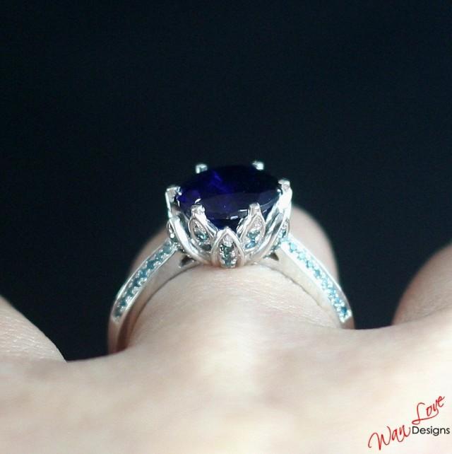 Sapphire & Blue Diamond Lotus Flower Engagement Ring Round Cut 3ct 9mm ...