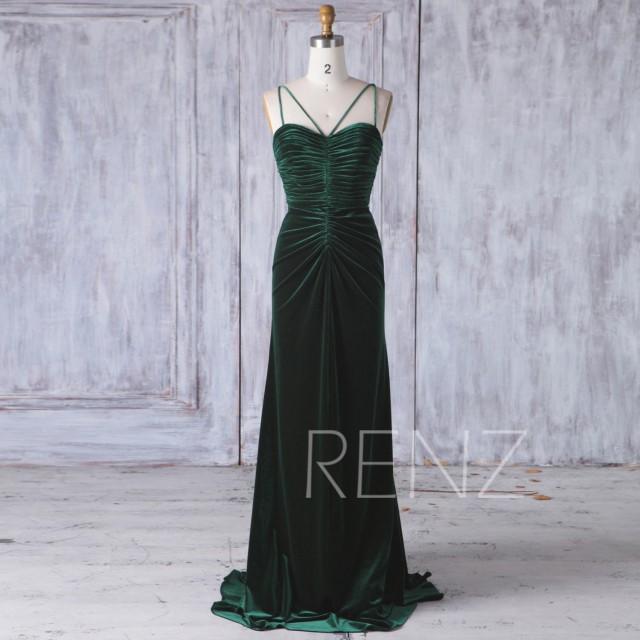 2017 Dark Green Velvet Bridesmaid Dress, Ruched Bodice Wedding Dress ...