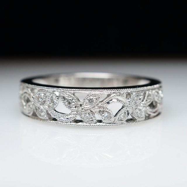 Flower Pattern Open Diamond Wedding Band Wedding Ring 14k White Gold ...