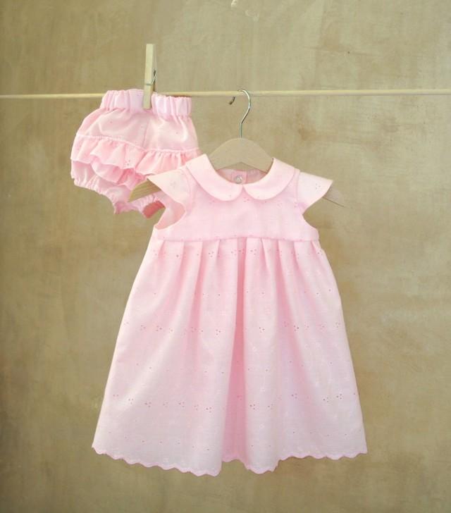 Pink Eyelet Lace Baby Girl Outfit, Dress And Diaper Cover, Christening ...