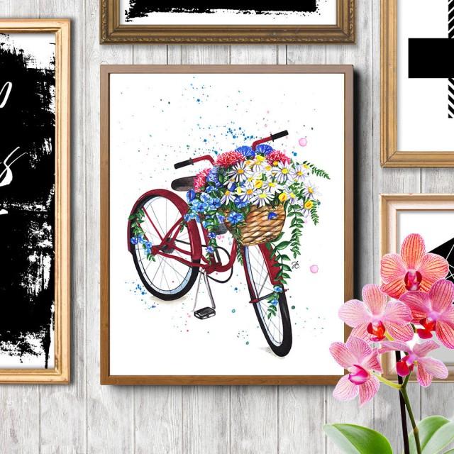 Bicycle Art, Bicycle With Flowers, Floral Bicycle, Fashion Illustration ...