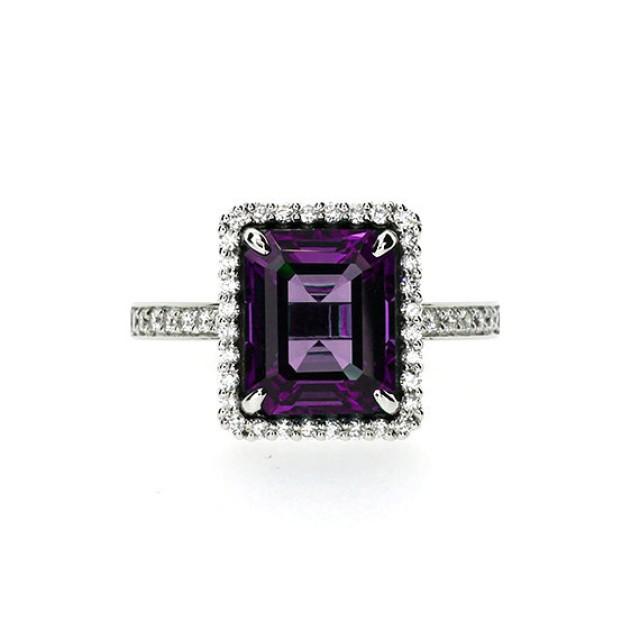 Emerald Cut Amethyst Halo Engagement Ring With Diamonds, White Gold ...