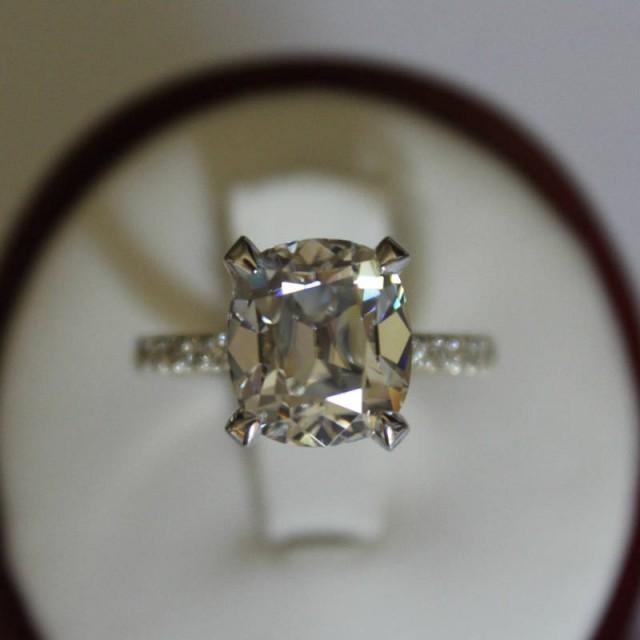 Raven Fine Jewelers, 4.20 Carat Antique Cushion Moissanite & Diamond ...