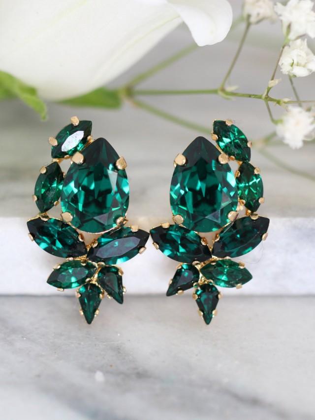 Emerald Earrings, Emerald Swarovski Cluster Earrings, Bridal Emerald ...