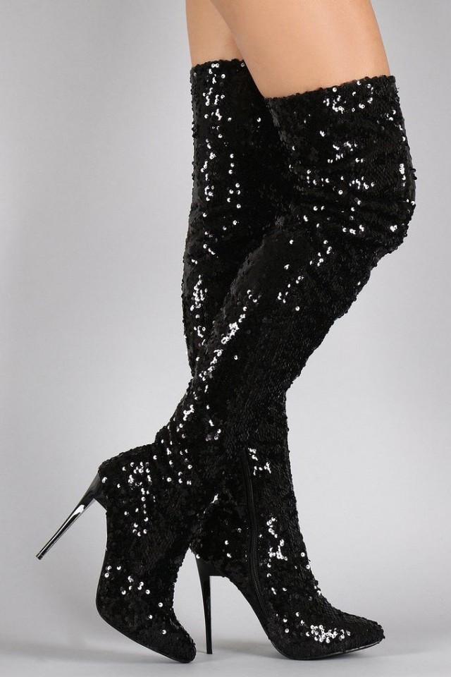 Buy Sequin Pointy Toe Stiletto Over-The-Knee Boots At Marks Urban Wear ...