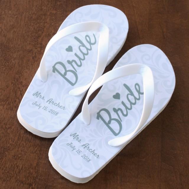 Bride Flip Flops - Personalized Name And Date - Ivory Rubber Soles ...