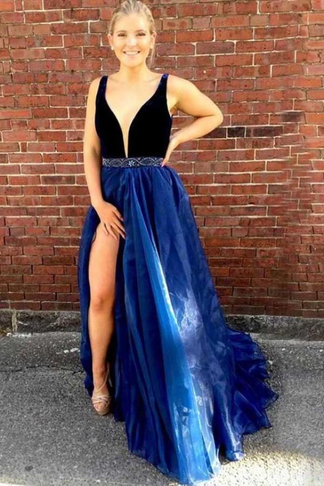 Customized Absorbing Prom Dresses Blue Deep V-Neck Sweep Train Split ...
