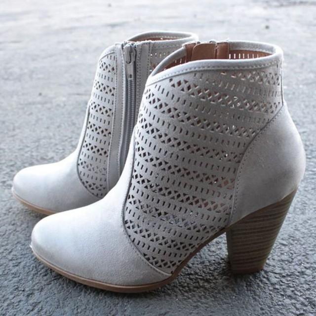 Gray Suede-like Laser Cut Block Heel Ankle Boots #2865804 - Weddbook