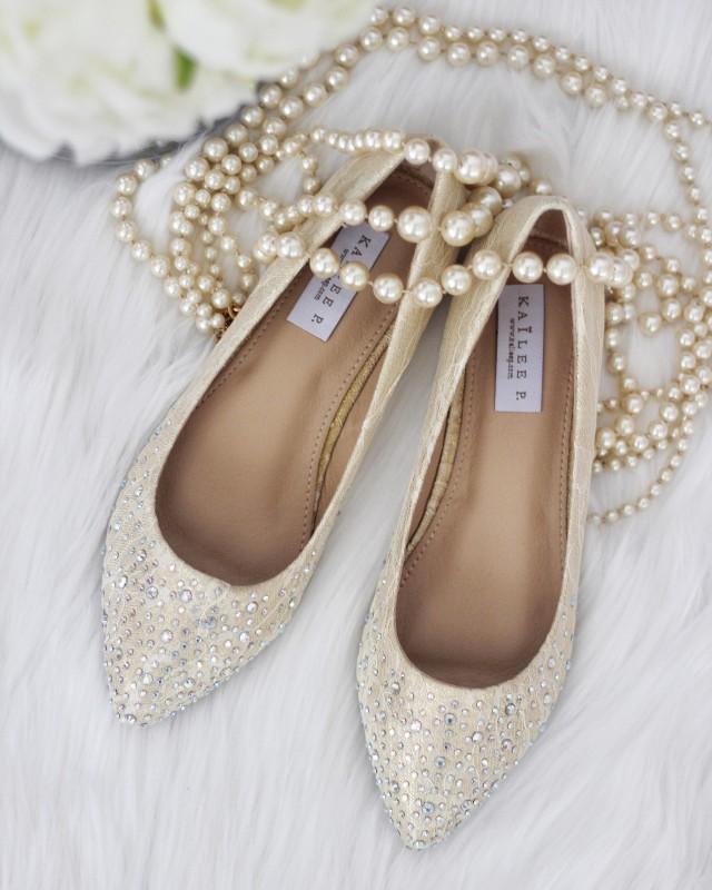 Women Wedding Shoes, Bridesmaid Shoes - CHAMPAGNE LACE Pointy Toe ...