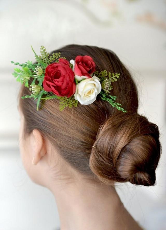 Red Flower Comb Red Roses Hair Comb Bridal Hair Piece Red Greenery Comb ...