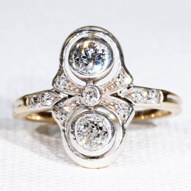 Antique Edwardian Double Diamond Ring 15k Gold Silver Set #2904063 ...