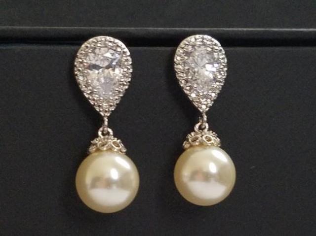 Pearl Bridal Earrings Swarovski 10mm Ivory Pearl Drop CZ Earrings ...