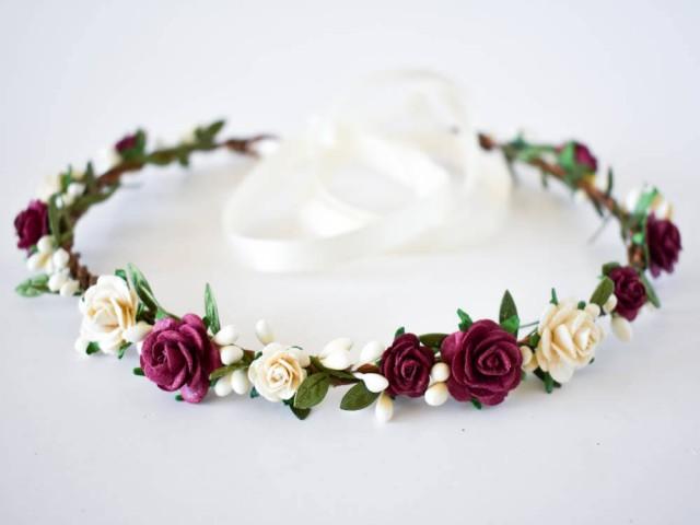 Burgundy Flower Crown. Burgundy And Ivory Flower Crown. Ivory Flower ...