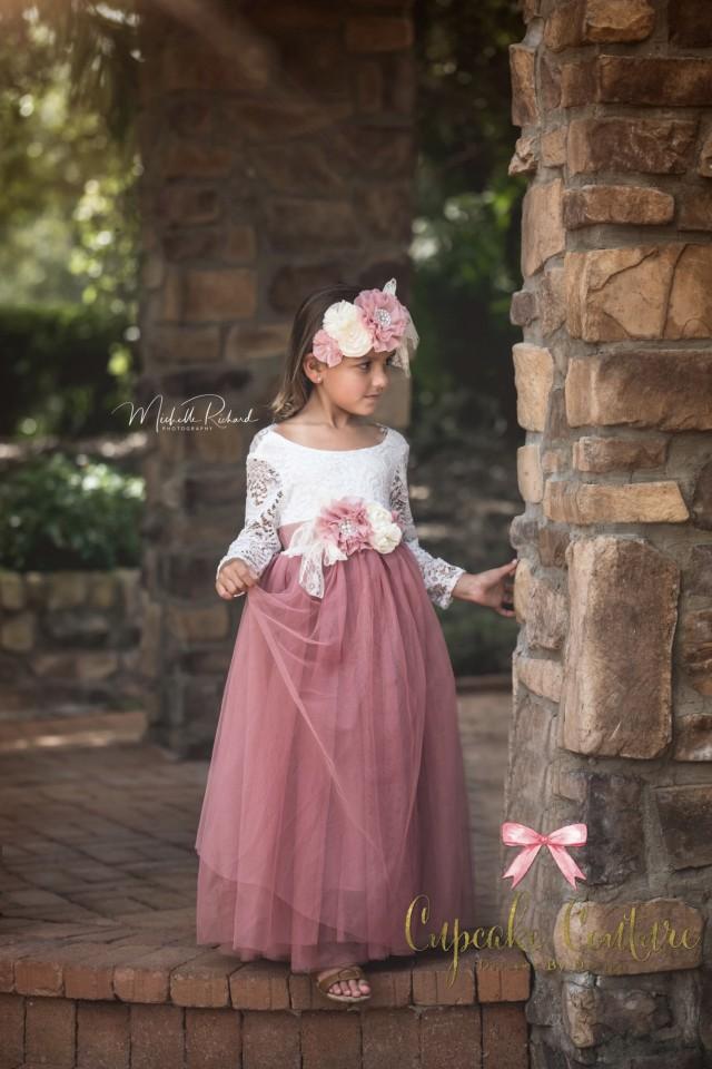 Flower Girl Dress, Photography Prop, Mauve Pink Dress, Lace Flower Girl ...
