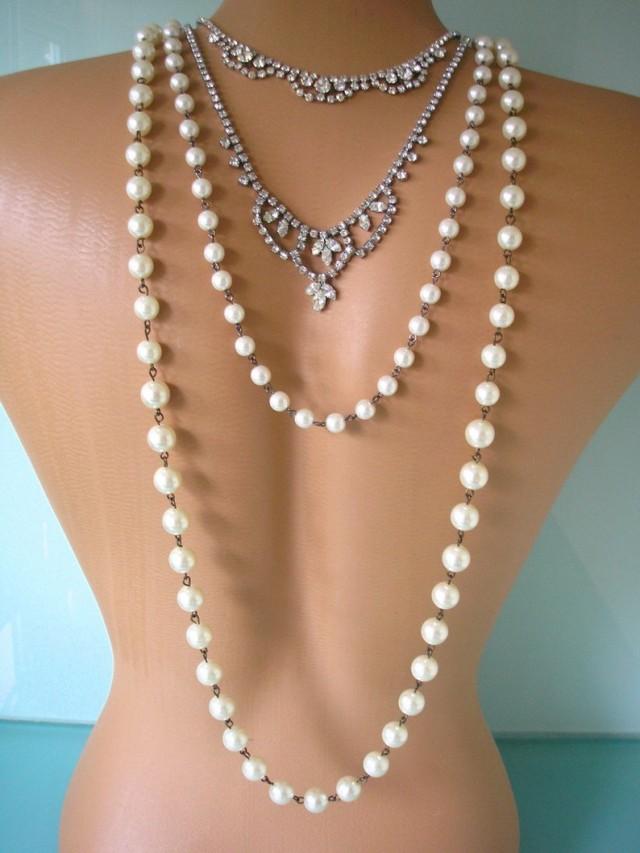 Bridal Backdrop Necklace, Art Deco Style, Long Pearl Necklace, Upcycled ...