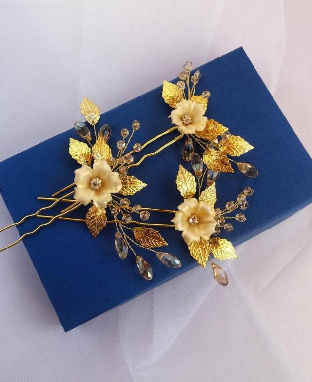 Gold Bridal Hair Pins For Bride Wedding Flower Hairpiece Bridesmaid Gold Bridal Hair Pins For Bride Wedding Flower Hairpiece Bridesmaid