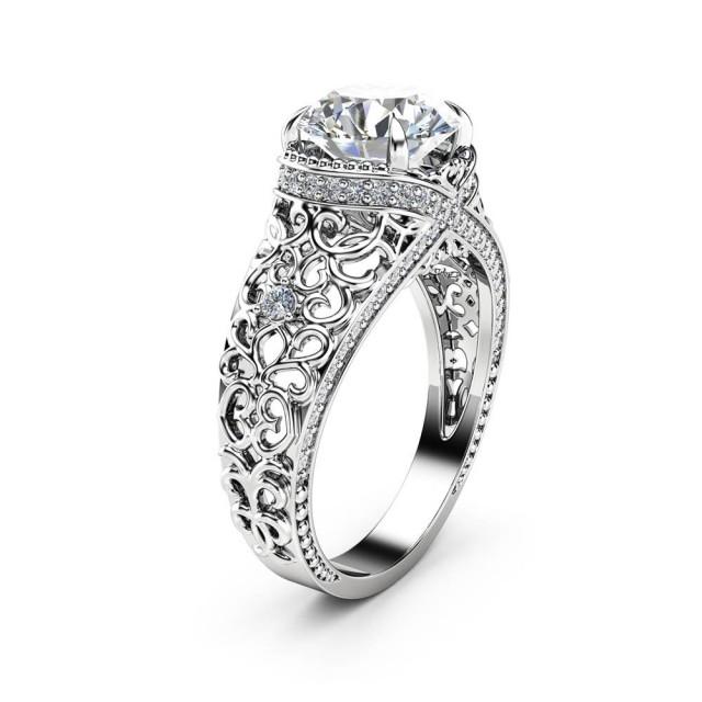 White Gold Filigree Engagement Ring 14K White Gold Ring Unique Diamonds ...