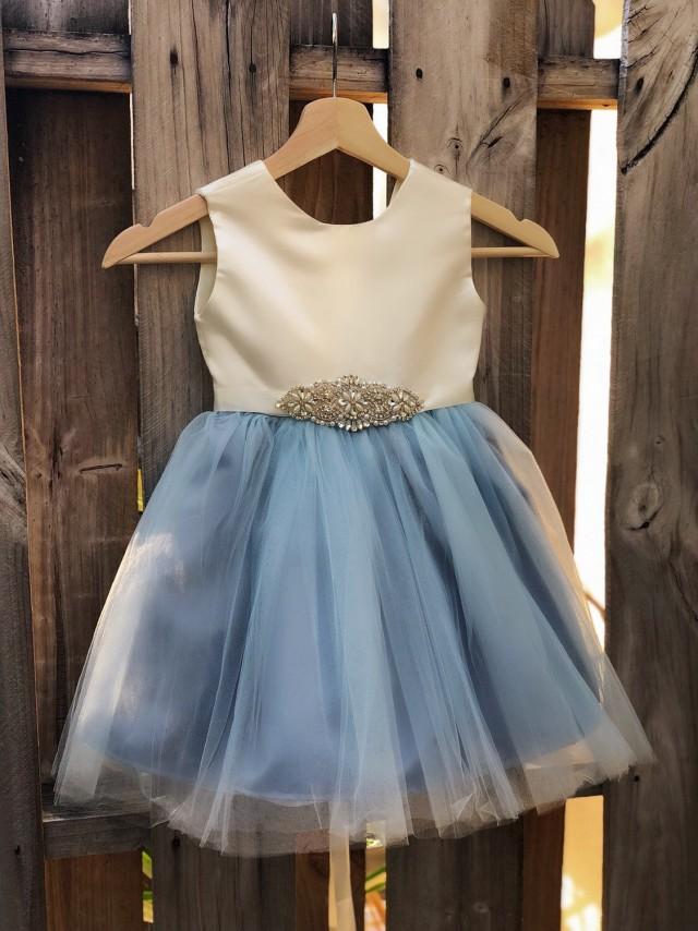 Dusty Blue Flower Girl Dress, Rhinestone Flower Girl Dresses, Sash ...