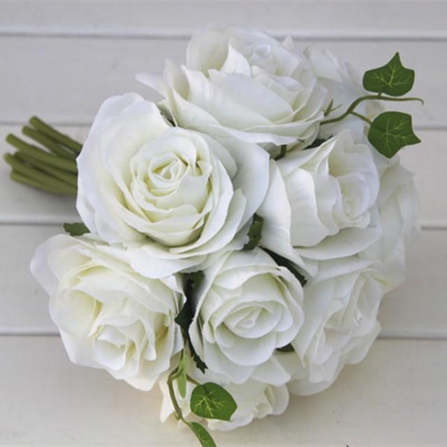 White Flower Bouquet Silk Rose Flower Bouquet Cream White Bridesmaids ...