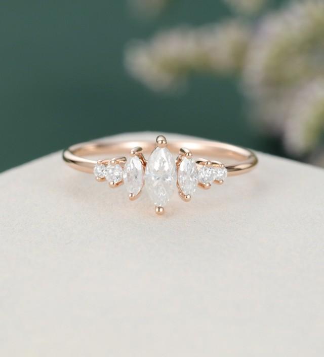 Marquise Cut Moissanite Engagement Ring Rose Gold Unique Antique Bridal ...