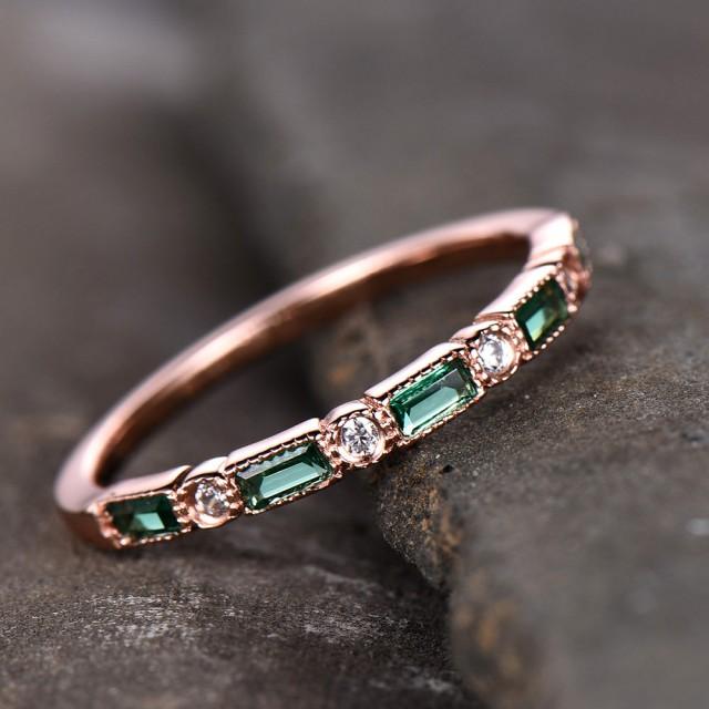 Emerald Wedding Band Half Eternity Band Art Deco Stacking Wedding Ring ...