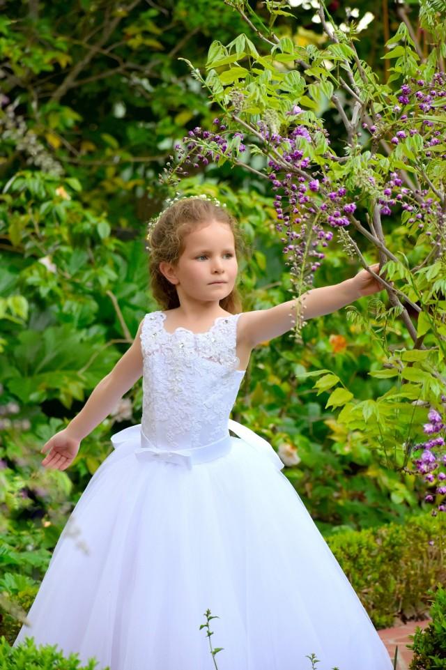 White Flower Girl Dress Lace Girls Wedding Party First Communion ...