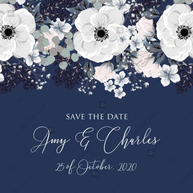 Save The Date White Anemone Flower Card Template On Navy Blue Background  PDF  In Edit Template #2950214 - Weddbook