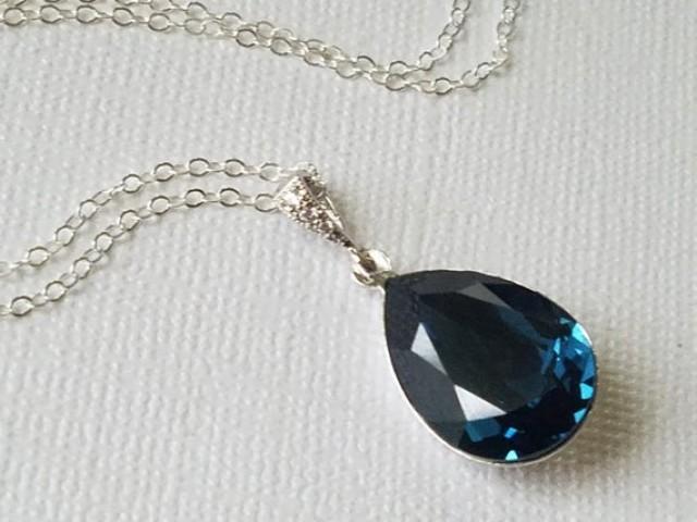 Navy Blue Crystal Necklace, Dark Blue Teardrop Necklace, Swarovski ...