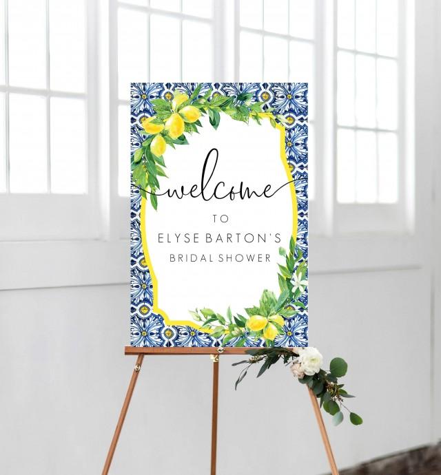 Lemon Bridal Shower Welcome Sign - Positano Blue Tile - Printable ...