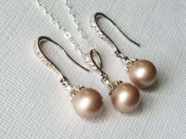 Champagne Pearl Jewelry Set, Swarovski 8mm Pearl Set, Powder Almond ...