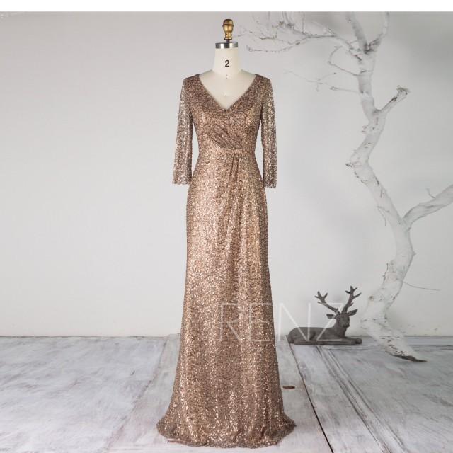 Party Dress Bronze Sequin Dress Ruched V Neck Bridesmaid Dress Long ...