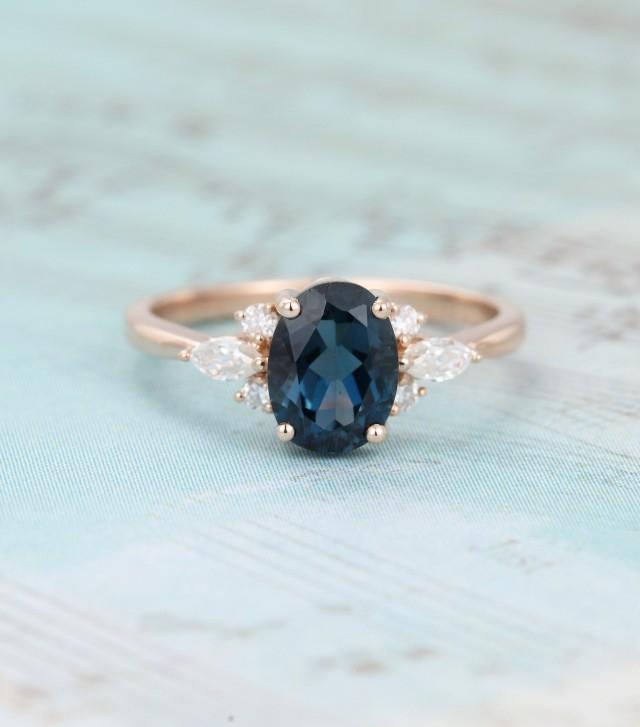 Oval London Blue Topaz Engagement Ring Rose Gold Unique Cluster ...