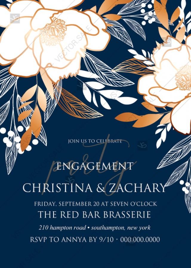 Online Editor - Peony Foil Gold Navy Blue Background Engagement Party Card  Wedding Invitation Set PDF 5x7 In Create Online #2961783 - Weddbook