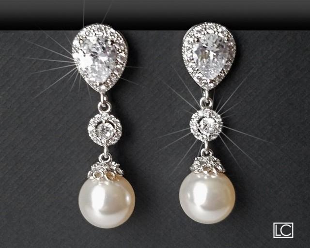 Pearl Bridal Earrings, White Pearl Silver Earrings, Swarovski Pearl ...