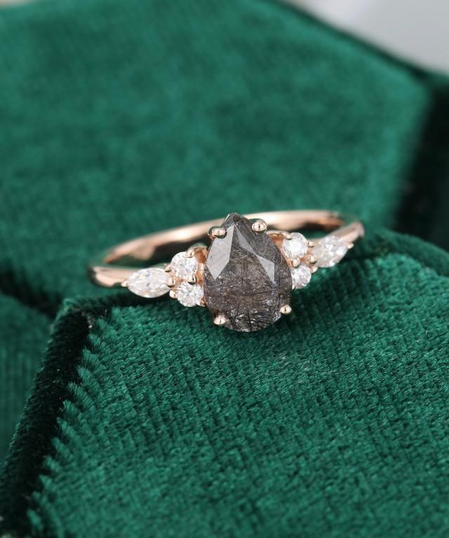 Pear Shaped Black Quartz Rutilated Engagement Ring Rose Gold Unique ...