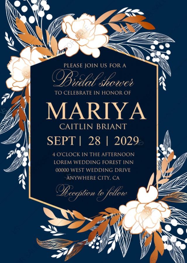 Peony Foil Gold Navy Blue Background Bridal Shower Wedding Invitation Set  PDF 5x7 In #2970468 - Weddbook