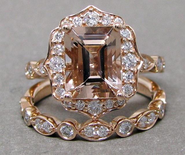 SALE Emerald Cut 9x7 Morganite Engagement Ring Diamond Bridal Set ...