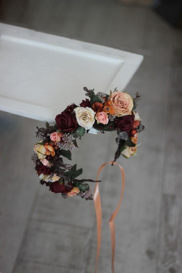 Burgundy Orange Flower Crown Fall Wedding Floral Headpiece Bridal ...