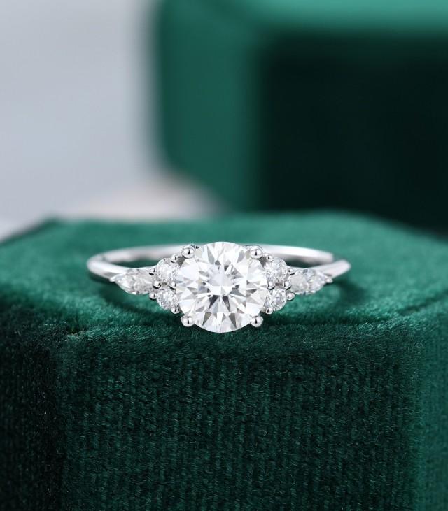 Moissanite Engagement Ring Vintage Unique White Gold Engagement Ring ...