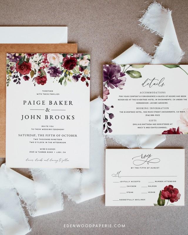 Burgundy Wedding Invitation Template, Floral Wedding Invitation Suite ...